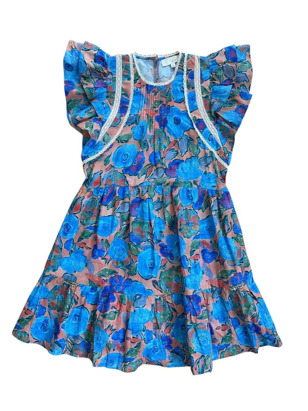 Pinch Blue Floral Ruffle Sleeves Tiered Mini Dress